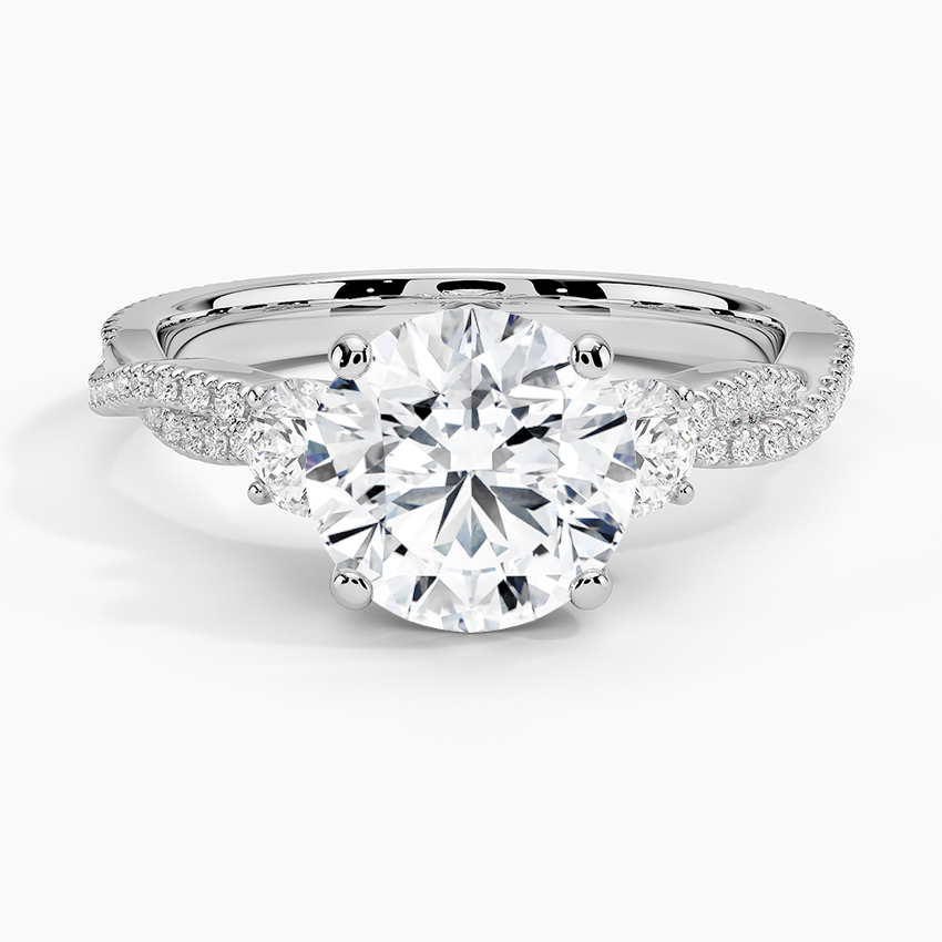 Three Stone Round Cut Moissanite Engagement Ring, Twisted Pave Band Diamond Ring, Promise Ring for Women