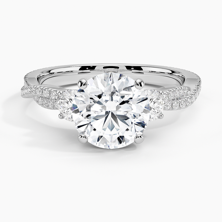 Three Stone Round Cut Moissanite Engagement Ring, Twisted Pave Band Diamond Ring, Promise Ring for Women
