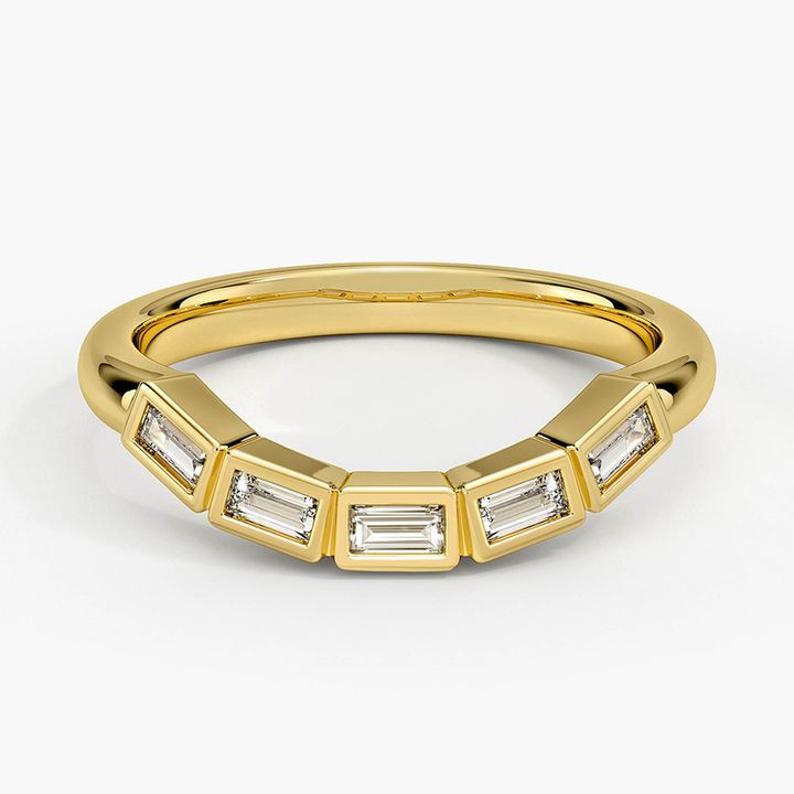Baguette Diamond Curved Ring, Minimalist V Shape Diamond Band, Bezel Set Stackable Ring