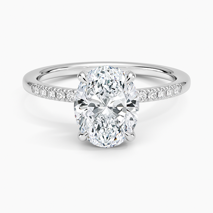 Oval Cut Diamond Engagement Ring, 4 Prong Solitaire Ring, Pave Diamond Band