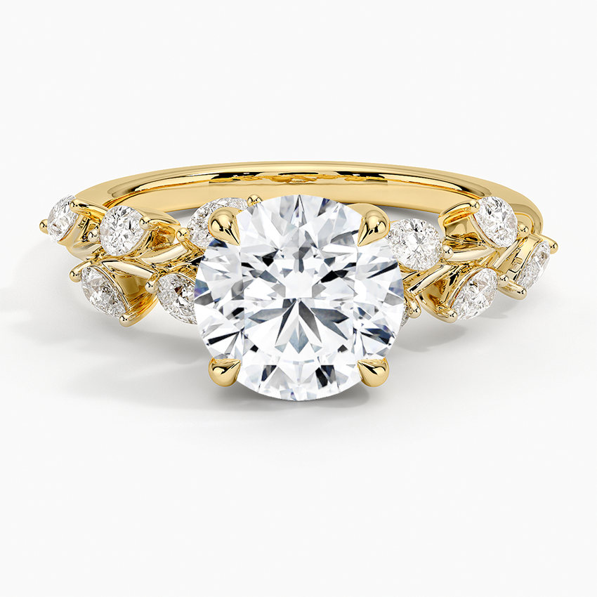 Round Cut Diamond Leaf Engagement Ring, Nature Inspired Floral Ring, Vintage Style Bridal Ring
