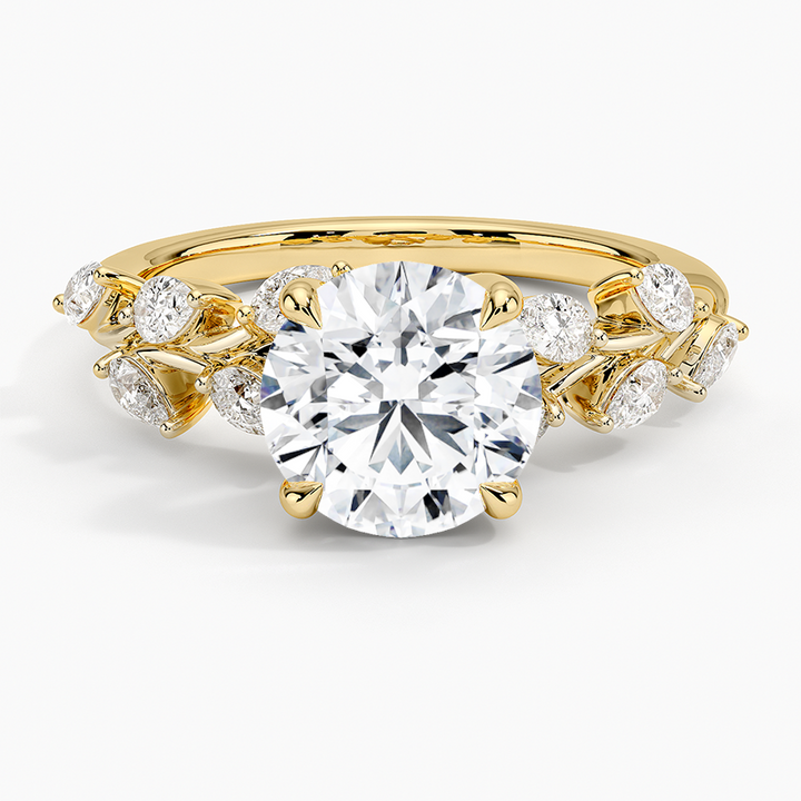 Round Cut Diamond Leaf Engagement Ring, Nature Inspired Floral Ring, Vintage Style Bridal Ring