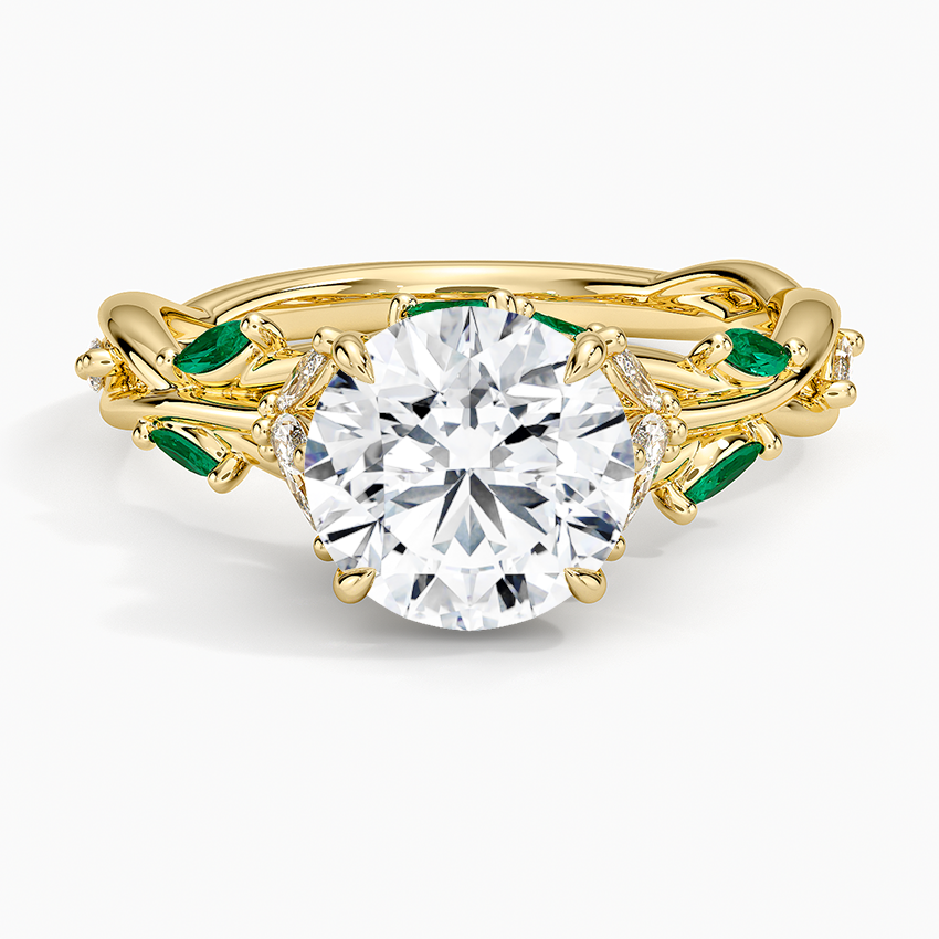 Vintage Nature Inspired Round Cut Moissanite Engagement Ring, Emerald Leaf Vine Ring, Solid Gold Floral Bridal Ring, Unique Wedding Ring