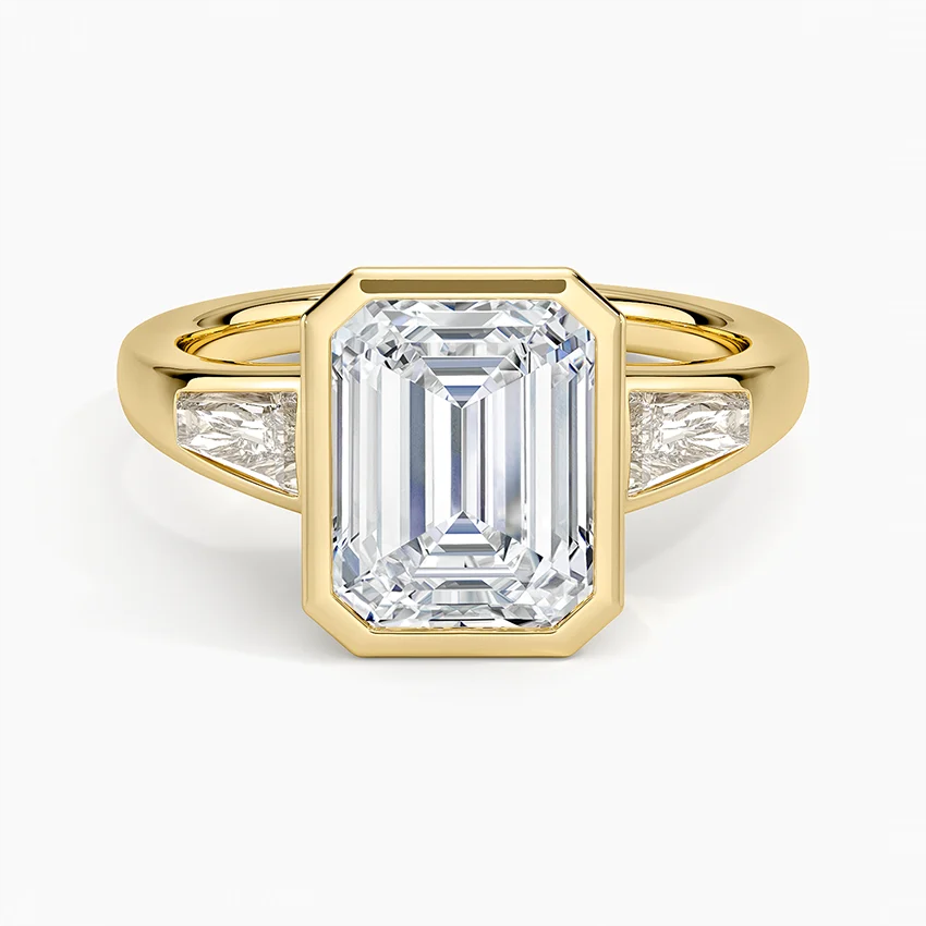 Emerald Cut Diamond Engagement Ring, Bezel Set Solitaire Ring, Tapered Side Stone Ring