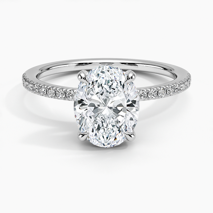 Oval Cut Diamond Engagement Ring, Hidden Halo Pavé Band Ring,Minimalist Engagement Ring for Women