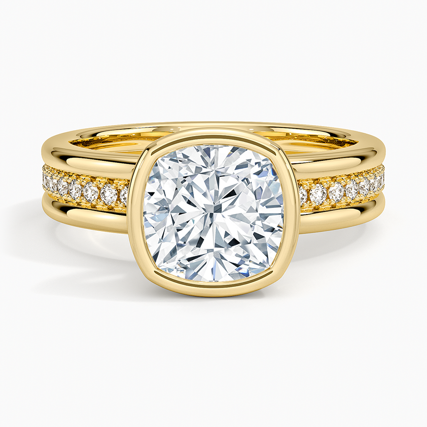 Cushion Cut Bezel Set Diamond Engagement Ring, Split Shank Pavé Band, Minimalist Luxury Solitaire Ring
