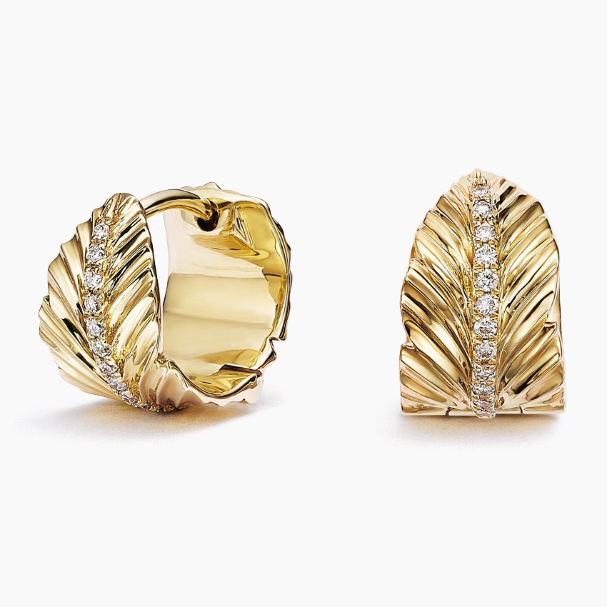 Diamond Leaf Huggie Earrings, Textured Nature-Inspired Gold Hoop Earrings