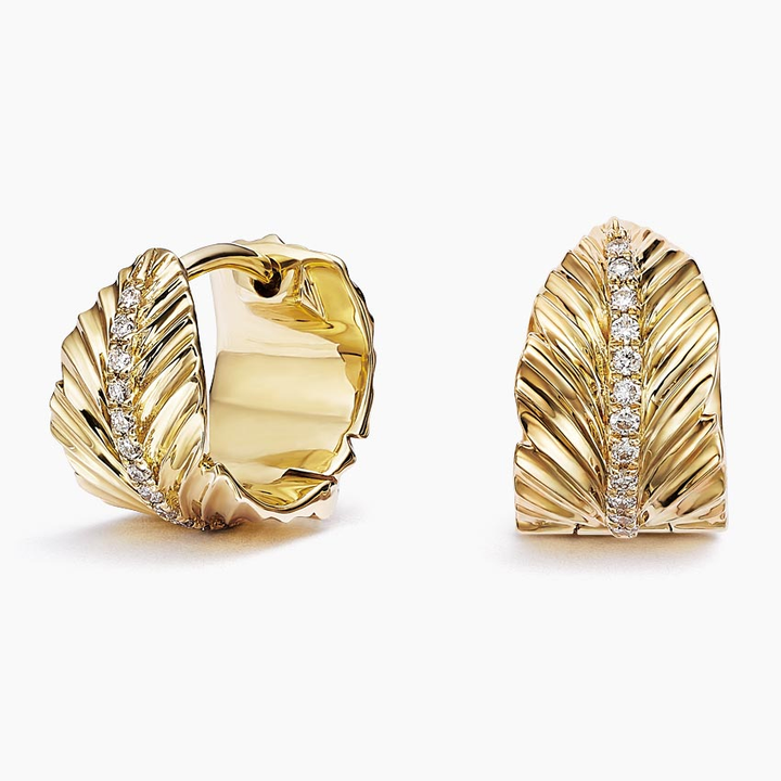 Diamond Leaf Huggie Earrings, Textured Nature-Inspired Gold Hoop Earrings