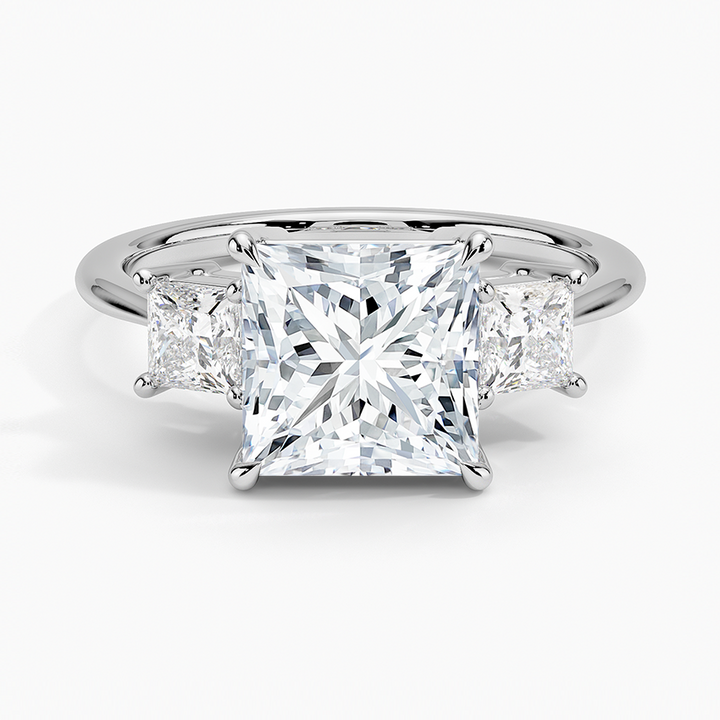 Princess Cut Diamond Three Stone Engagement Ring, 3 Stone Bridal Ring, Classic Trapezoid Side Stones Ring