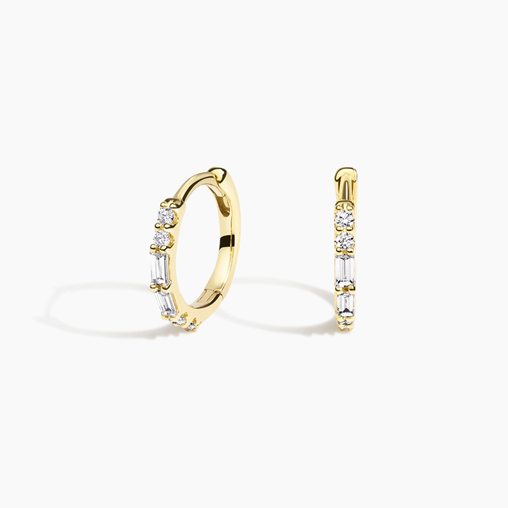 Diamond Baguette & Round Hoop Earrings, Minimalist Gold & Silver Huggie Hoops