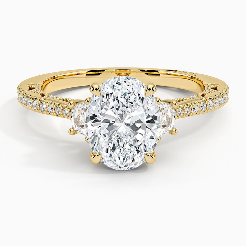 Oval Cut Diamond Engagement Ring,Three Stone Baguette Side Diamonds, Pavé Band Bridal Ring