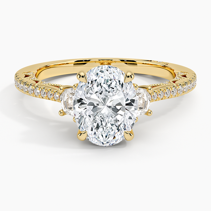 Oval Cut Diamond Engagement Ring,Three Stone Baguette Side Diamonds, Pavé Band Bridal Ring