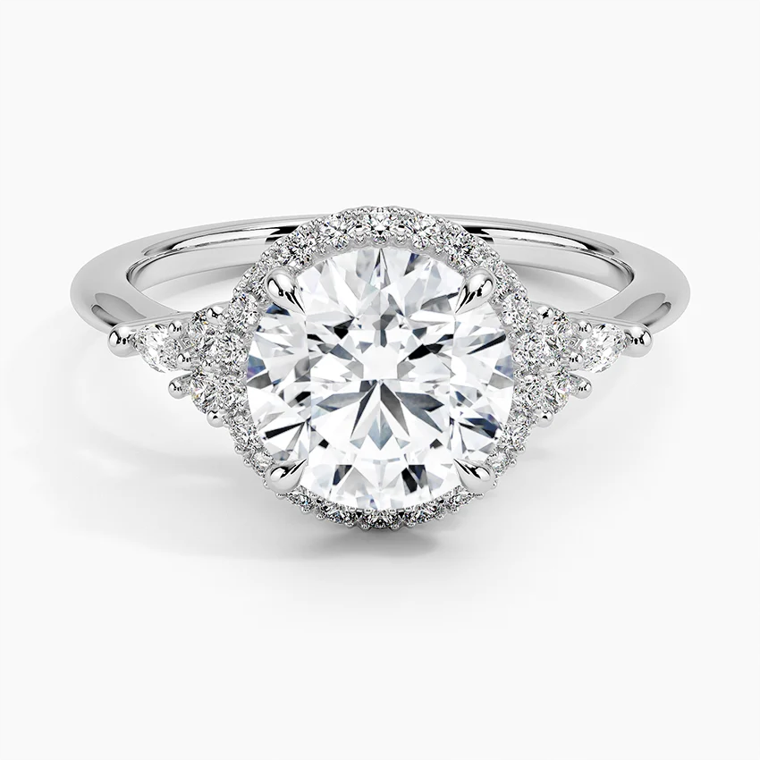 Round Cut Halo Engagement Ring, Diamond Cluster Side Stone Ring, Vintage Inspired Bridal Ring