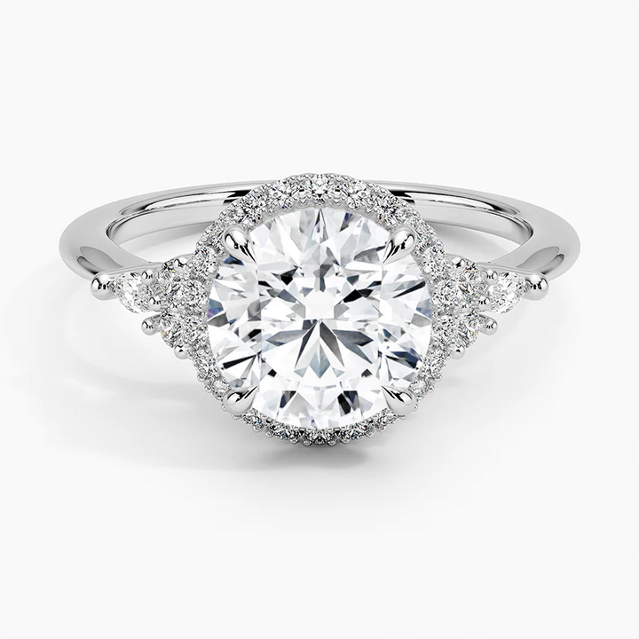 Round Cut Halo Engagement Ring, Diamond Cluster Side Stone Ring, Vintage Inspired Bridal Ring