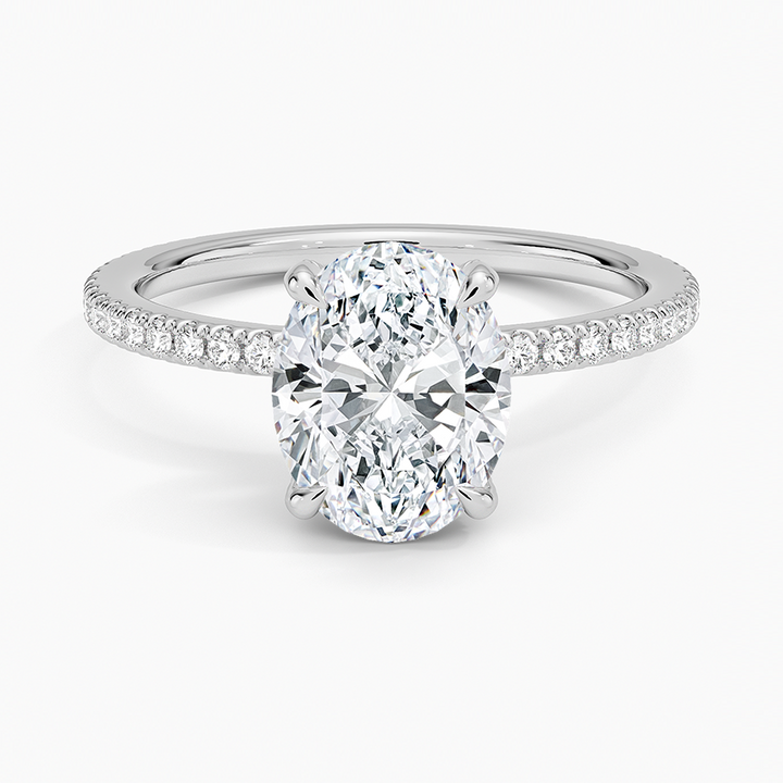 Oval Cut Diamond Engagement Ring, Hidden Halo Oval Ring, Pavé Band Ring