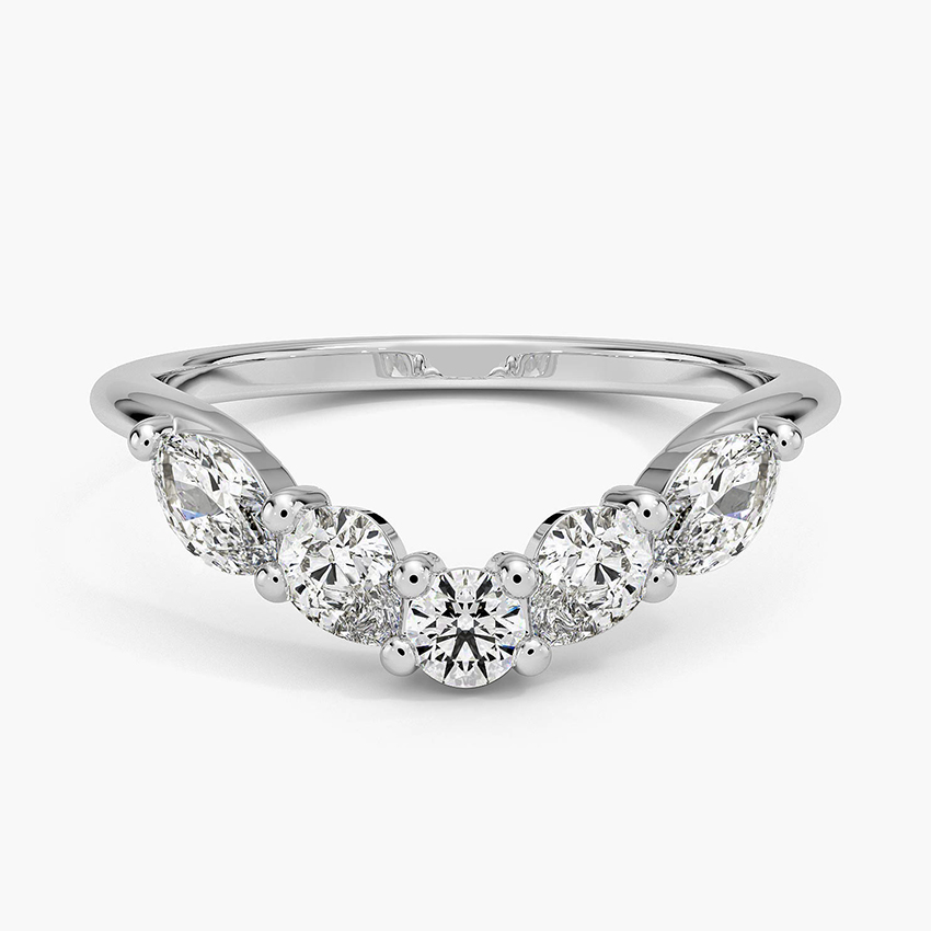 Five Stone Diamond Chevron Ring, Marquise & Round Cut Wedding Band, Curved V Shape Anniversary Ring