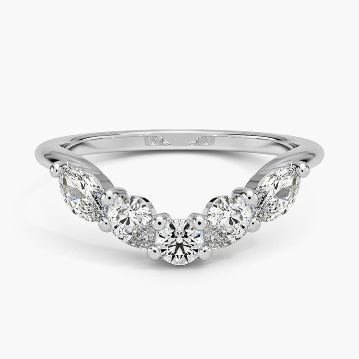 Five Stone Diamond Chevron Ring, Marquise & Round Cut Wedding Band, Curved V Shape Anniversary Ring