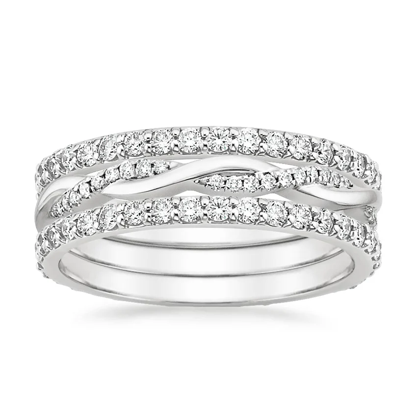 Diamond Stackable Wedding Band Set, Twisted Ring, Pave Diamond Ring Set