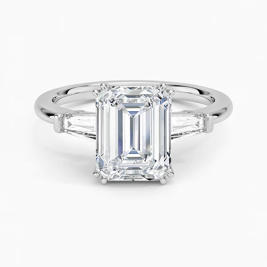 Emerald Cut Diamond Engagement Ring, Tapered Baguette Side Stones, Minimalist Three Stone Ring