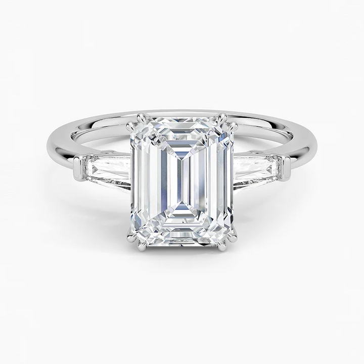 Emerald Cut Diamond Engagement Ring, Tapered Baguette Side Stones, Minimalist Three Stone Ring