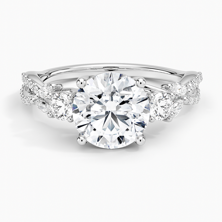 Round Cut Diamond Engagement Ring, Twisted Vine Band Ring, Floral Inspired Cluster Side Stones