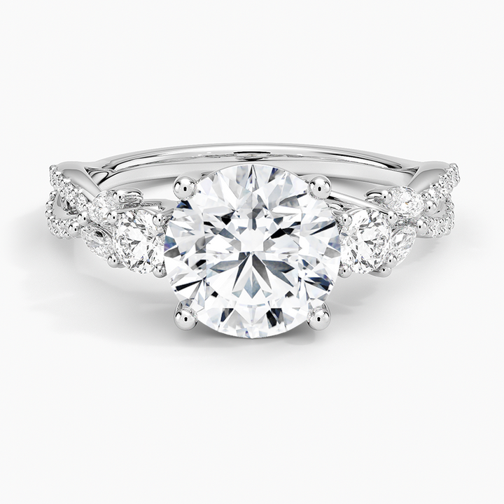 Round Cut Diamond Engagement Ring, Twisted Vine Band Ring, Floral Inspired Cluster Side Stones