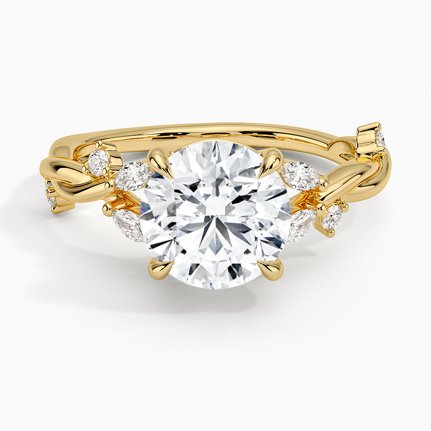 Twisted Vine Moissanite Engagement Ring, Round Cut Solitaire with Leaf Side Stones, Nature Inspired Gold Ring