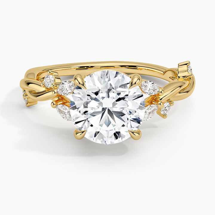 Twisted Vine Moissanite Engagement Ring, Round Cut Solitaire with Leaf Side Stones, Nature Inspired Gold Ring