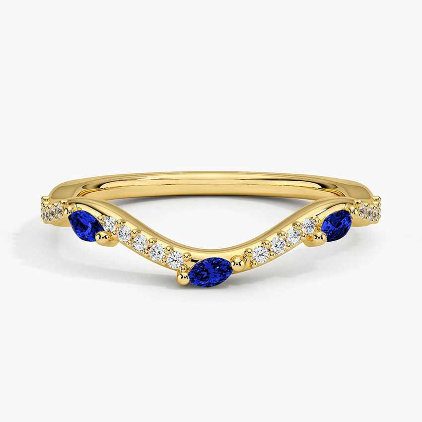 Blue Sapphire Marquise Wedding Band, Curved Diamond V Ring, Stacking Anniversary Ring