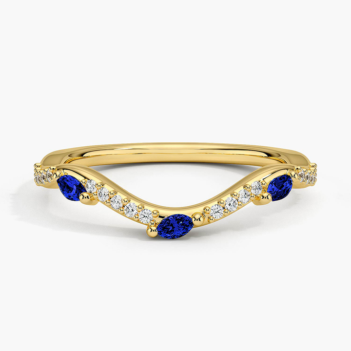 Blue Sapphire Marquise Wedding Band, Curved Diamond V Ring, Stacking Anniversary Ring
