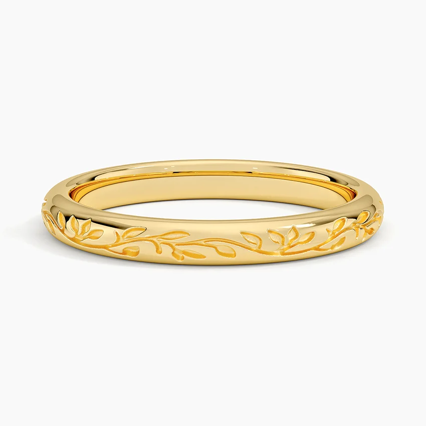 Nature Inspired Leaf Engraved Ring, Minimalist Floral Band, Stackable Wedding Band
