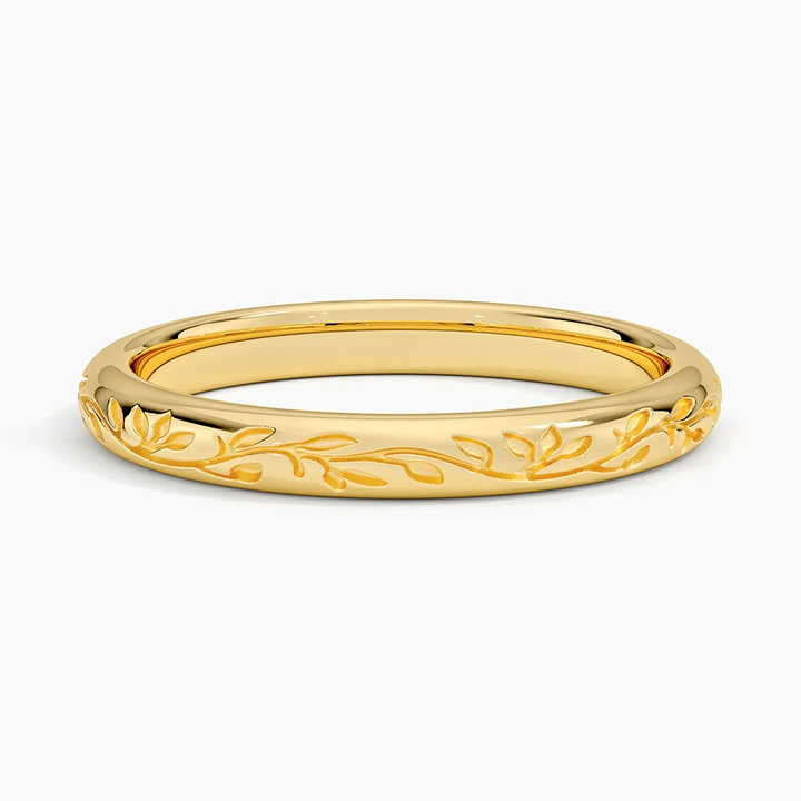Nature Inspired Leaf Engraved Ring, Minimalist Floral Band, Stackable Wedding Band
