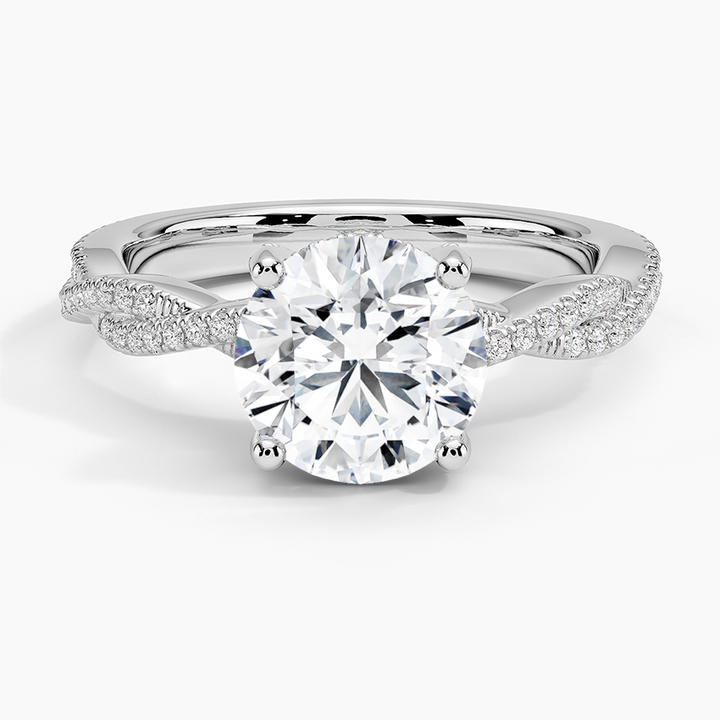 Twisted Pave Diamond Engagement Ring, Round Cut Solitaire Ring, Split Shank Gold Ring