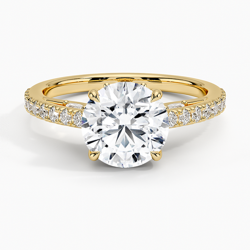 Round Cut Diamond Engagement Ring, Pavé Band Solitaire Ring, Minimalist Bridal Ring