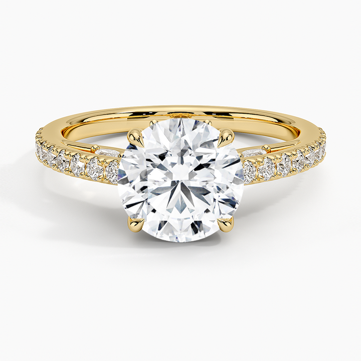 Round Cut Diamond Engagement Ring, Pavé Band Solitaire Ring, Minimalist Bridal Ring