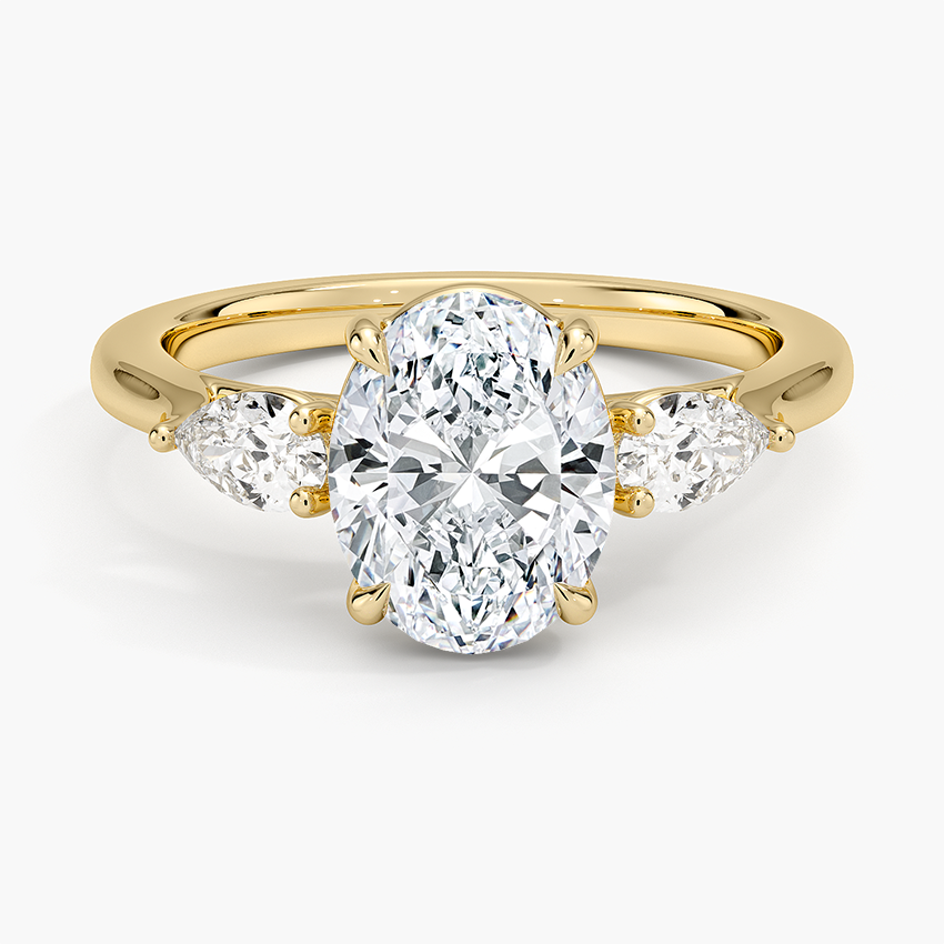 Oval Cut Diamond Engagement Ring with Pear Side Stones, Three Stone Diamond Ring, Solid Gold Ring