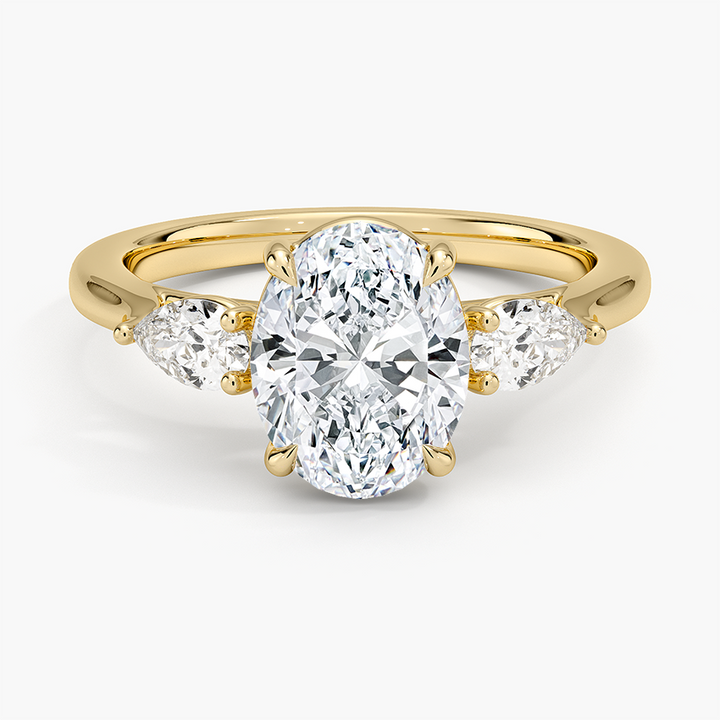 Oval Cut Diamond Engagement Ring with Pear Side Stones, Three Stone Diamond Ring, Solid Gold Ring
