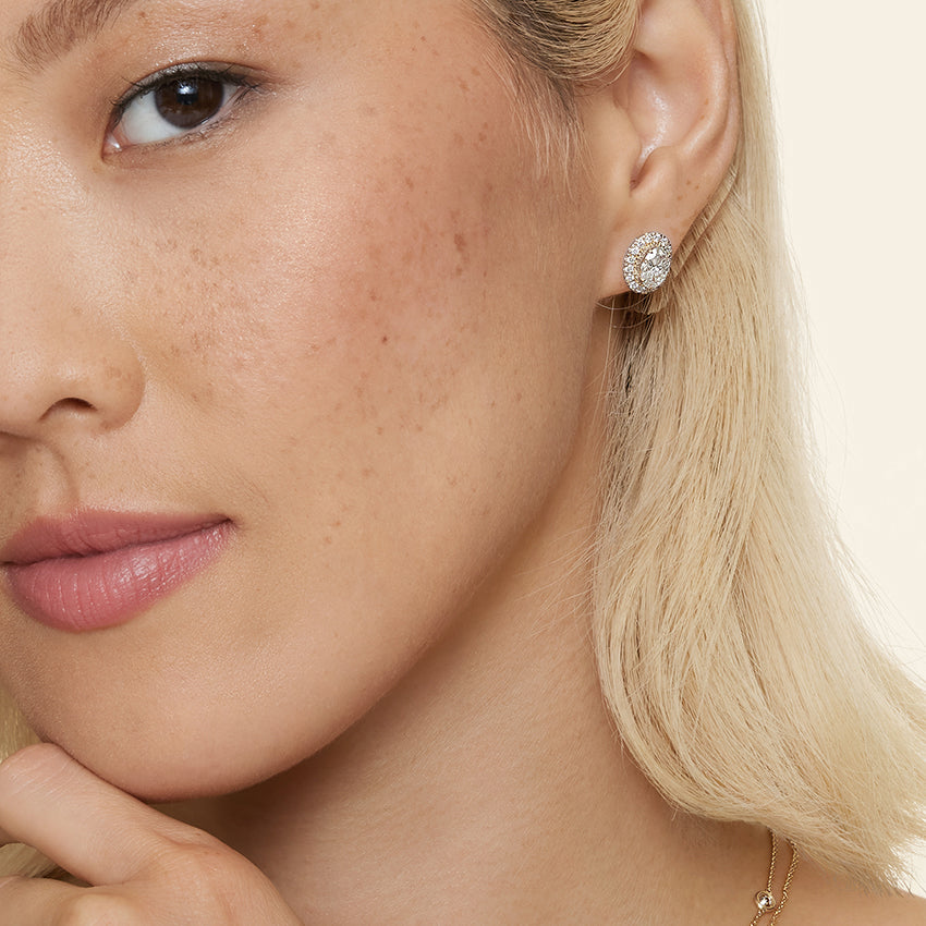 Oval cut Halo Diamond Stud Earrings for Women