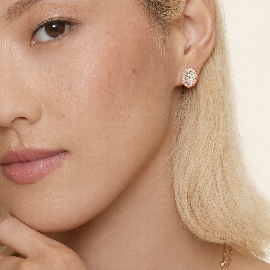 Oval cut Halo Diamond Stud Earrings for Women