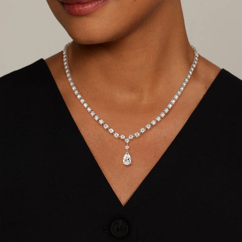 Round Cut Diamond Tennis Necklace with Pear Drop Pendant