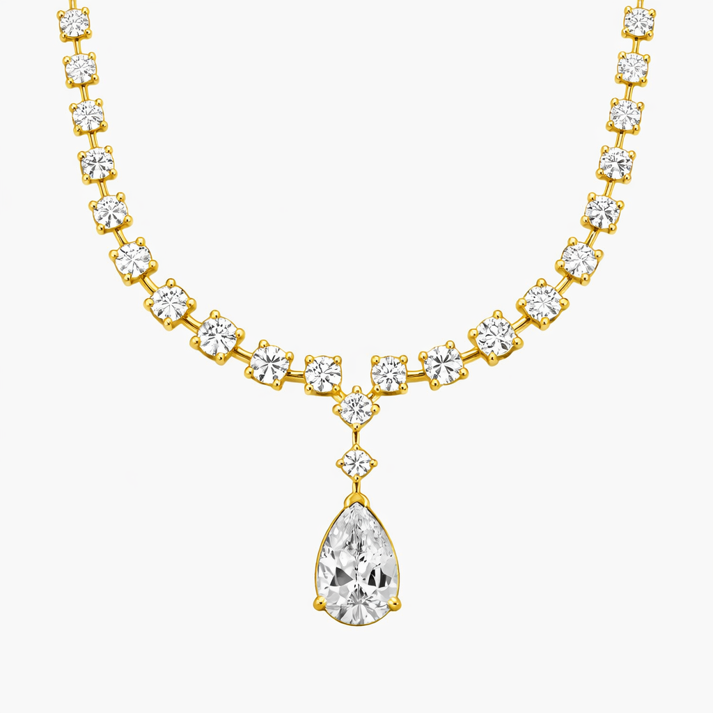 Round Cut Diamond Tennis Necklace with Pear Drop Pendant