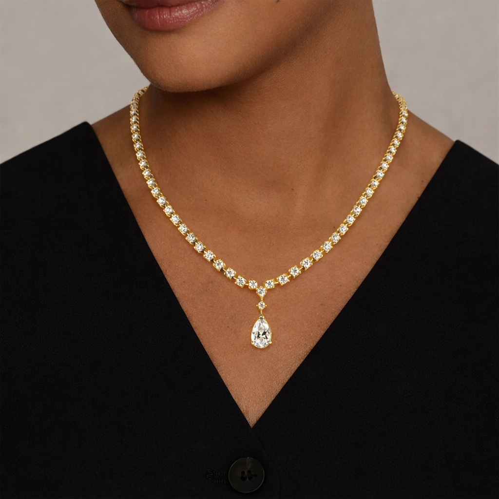 Round Cut Diamond Tennis Necklace with Pear Drop Pendant