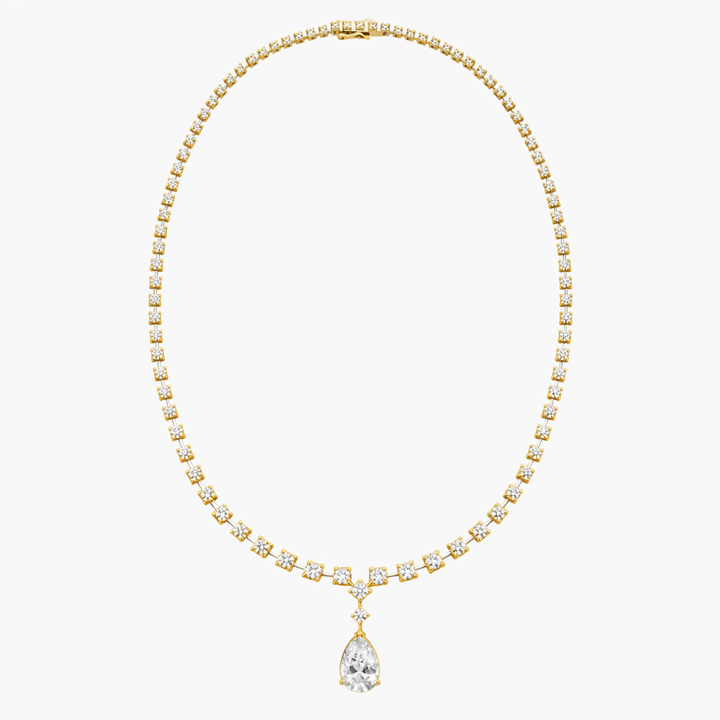 Round Cut Diamond Tennis Necklace with Pear Drop Pendant