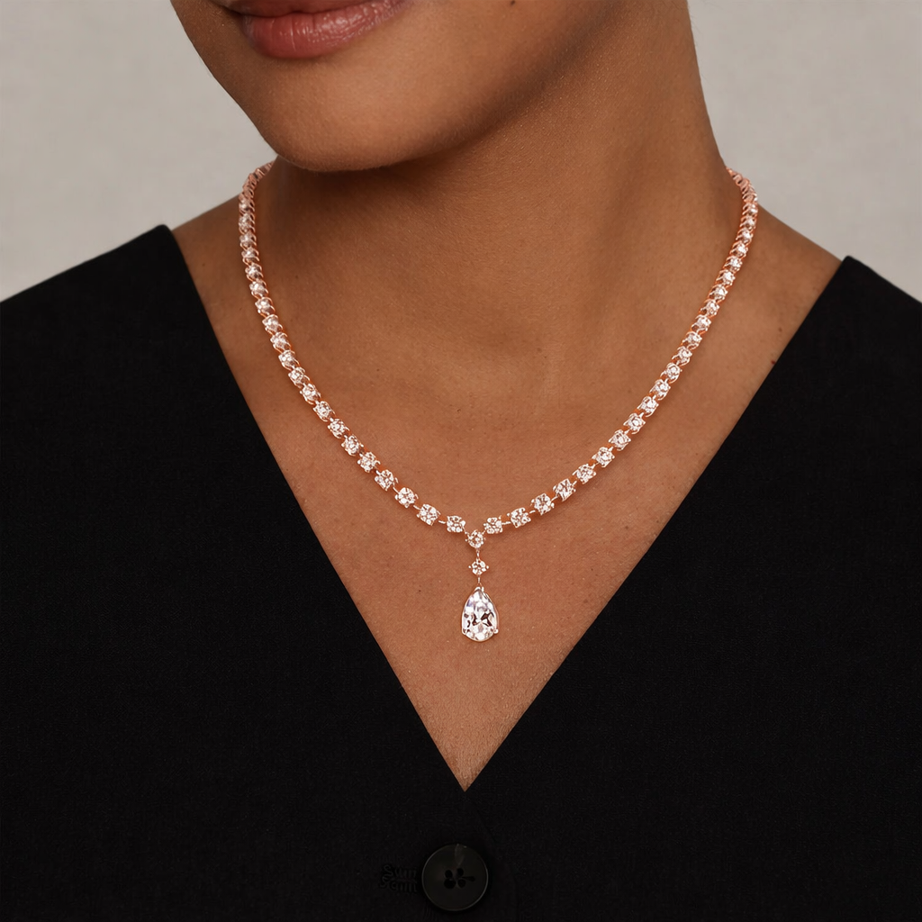 Round Cut Diamond Tennis Necklace with Pear Drop Pendant