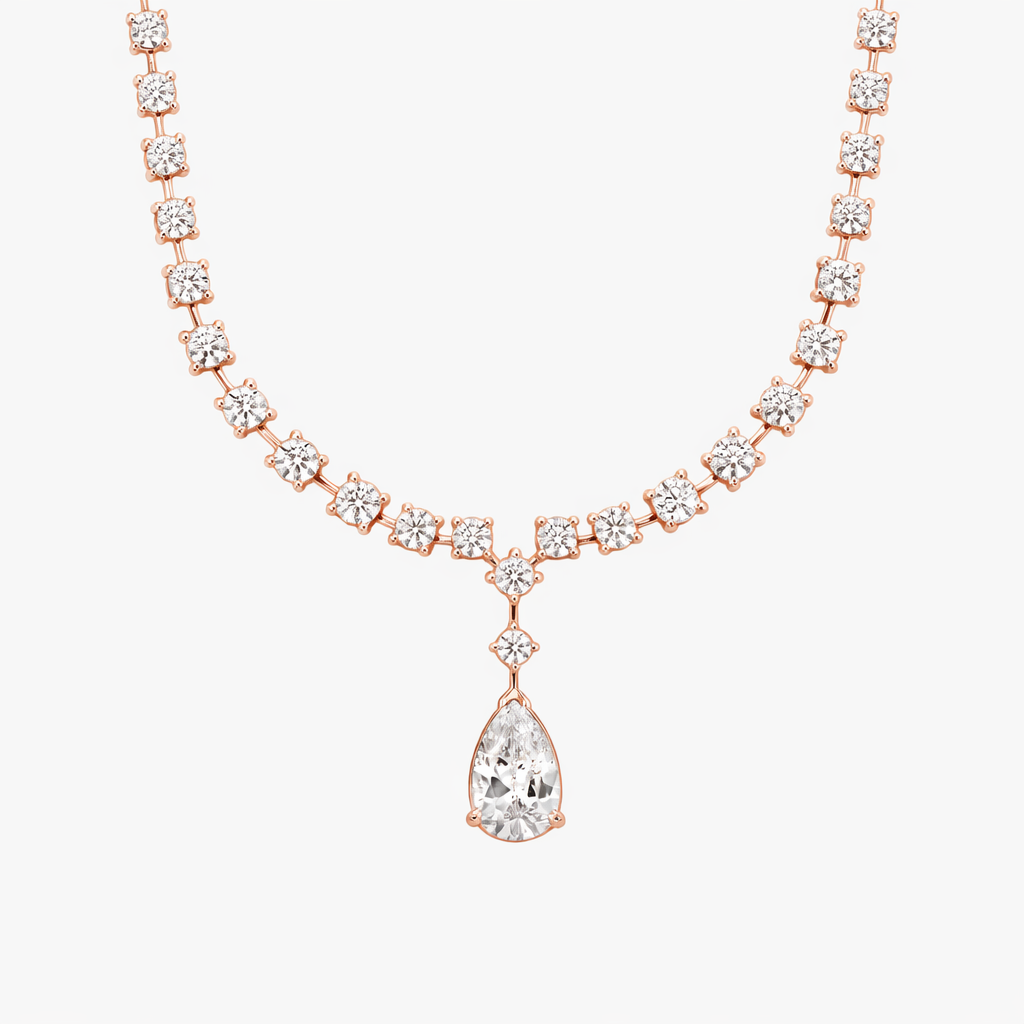 Round Cut Diamond Tennis Necklace with Pear Drop Pendant