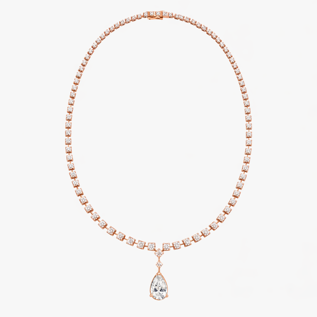 Round Cut Diamond Tennis Necklace with Pear Drop Pendant