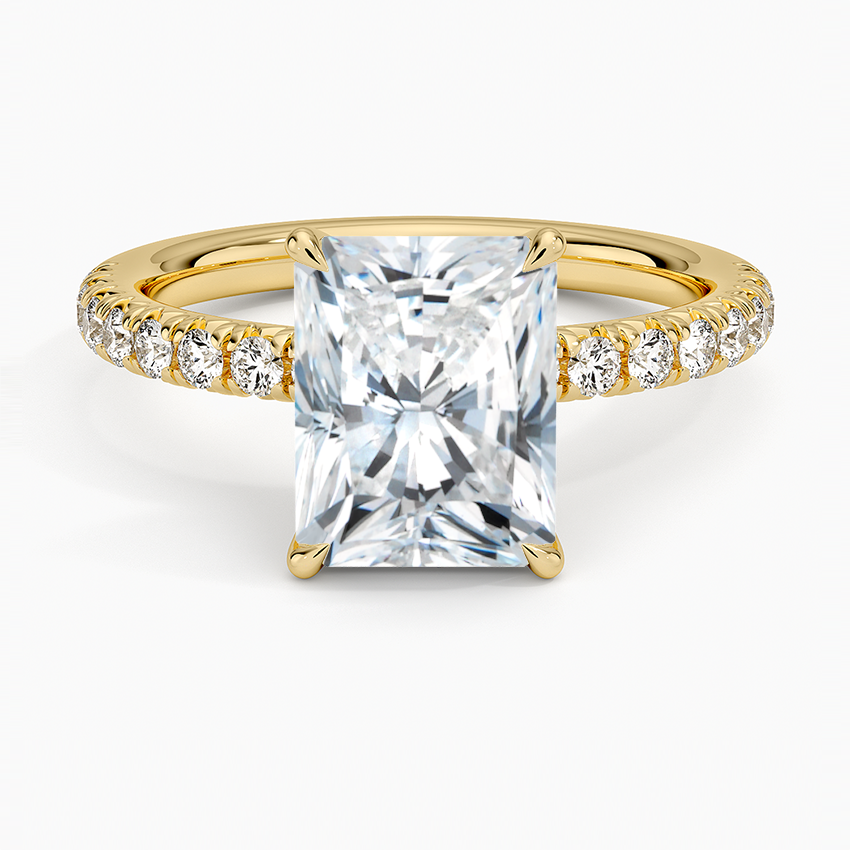 radiant cut moissanite pave engagement ring in 14k gold
