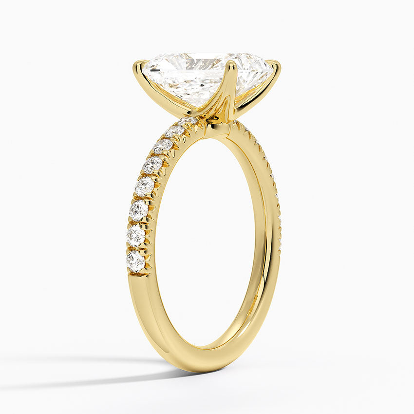 radiant cut moissanite pave engagement ring in 14k gold

