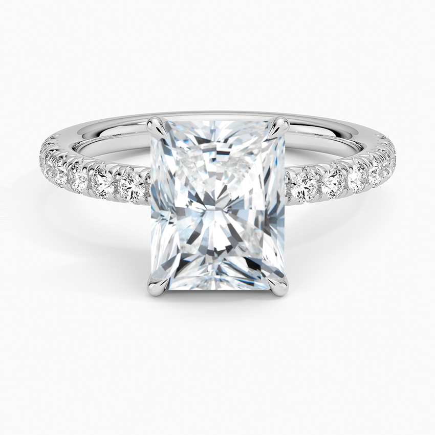 radiant cut moissanite pave engagement ring in 14k gold
