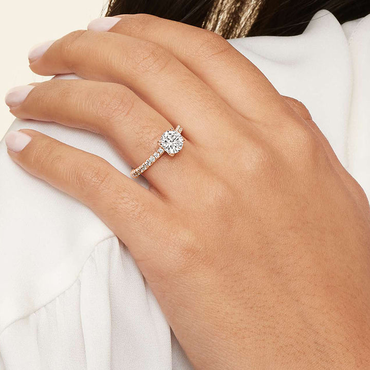 Round Cut Moissanite Pave Engagement Ring 14K Gold Women